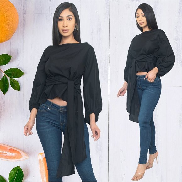 French Balloon Sleeve Cotton Blend Tie Front Paris Cocktail Tea Party Top T54601 - Picture 1 of 8